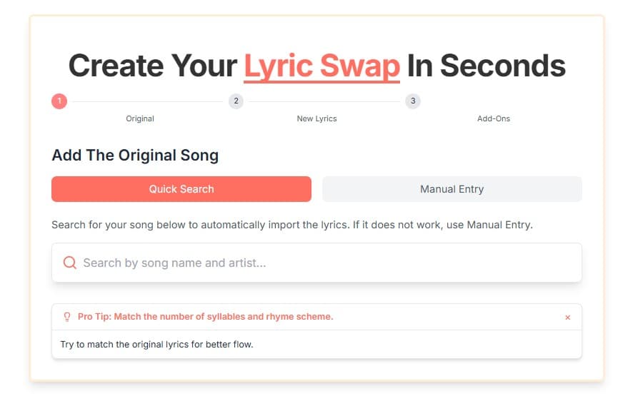 Custom lyric-changing tool interface showing original and modified lyrics