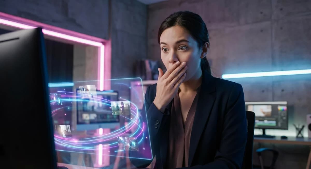 Professional woman amazed by AI video generation capabilities in creative studio