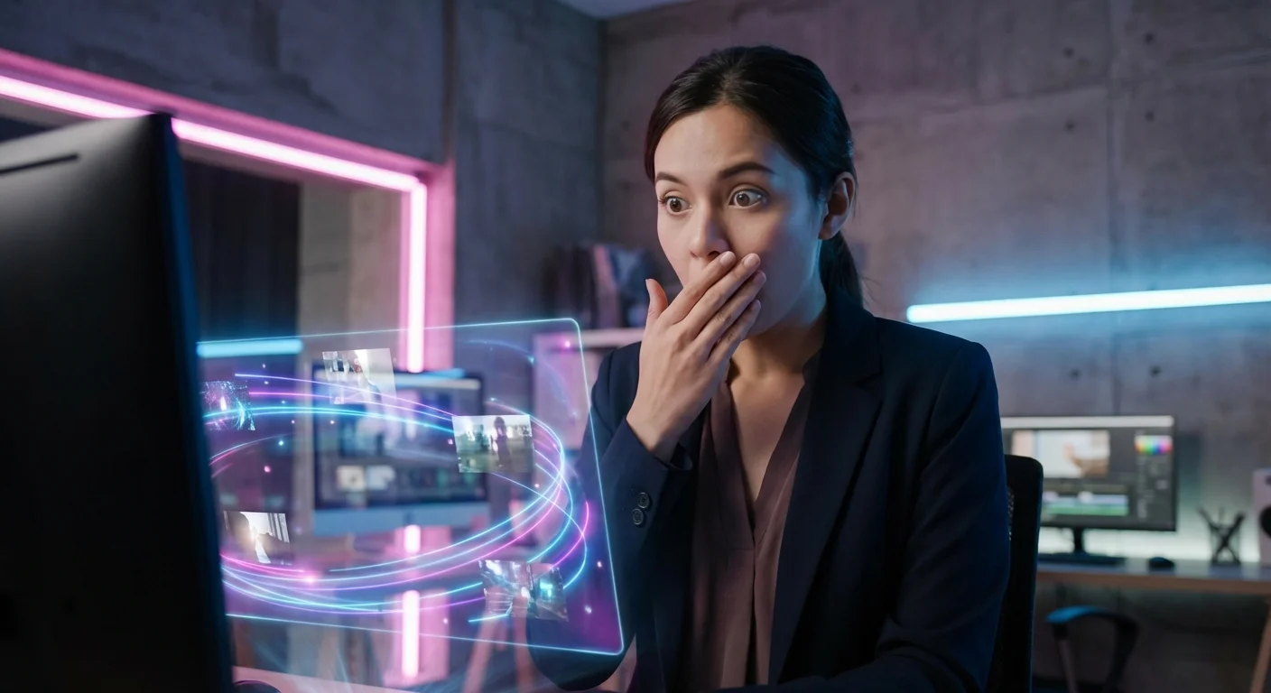 Professional woman amazed by AI video generation capabilities in creative studio
