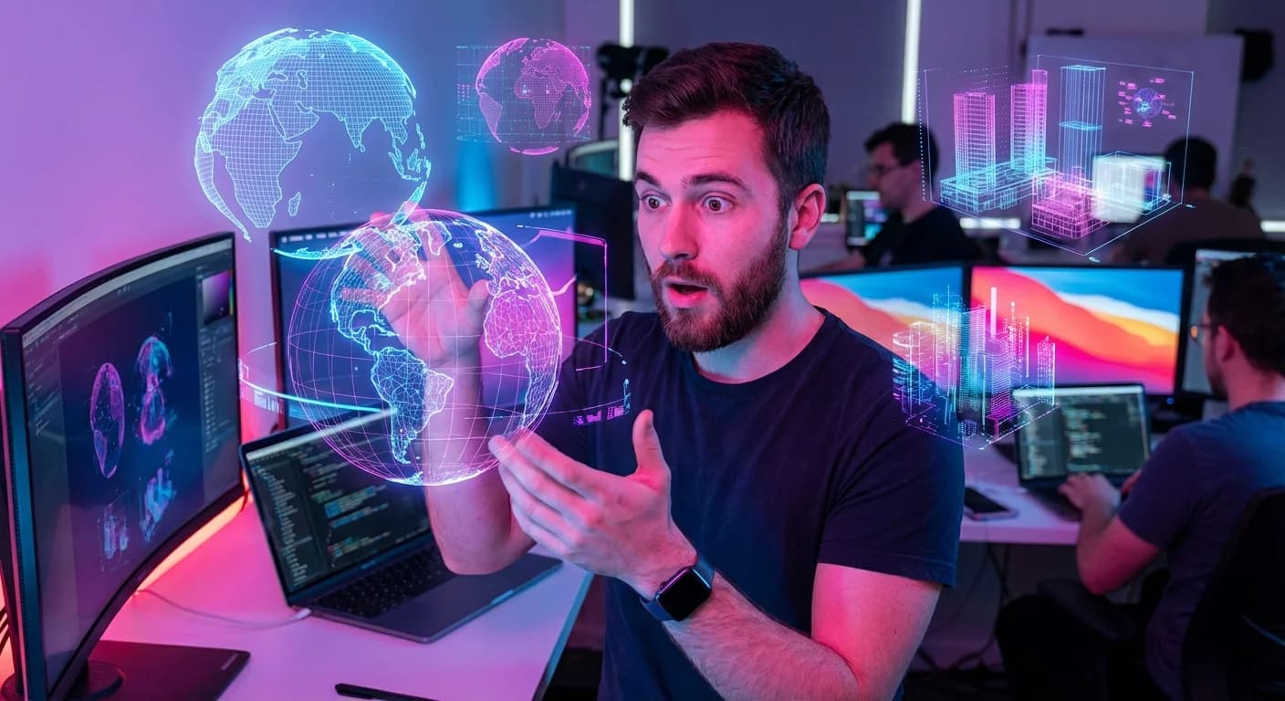 Developer interacting with 3D holographic AI visualizations in modern workspace