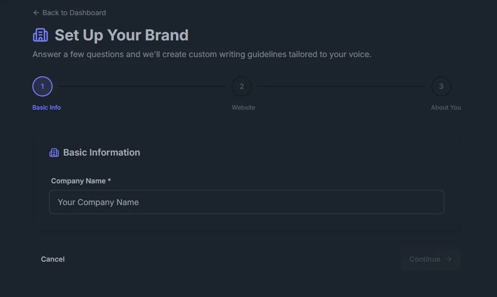 Authority Blogger brand setup interface for configuring your business voice