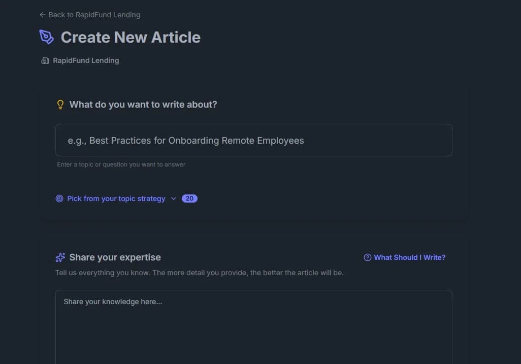 Authority Blogger article creation interface with topic and expert knowledge fields