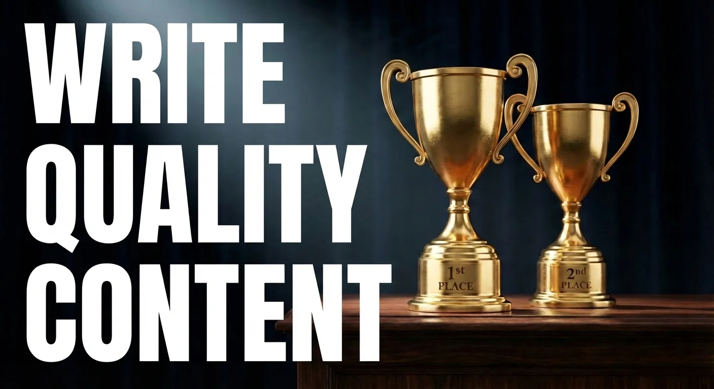 Two golden trophies for first and second place on a wooden podium with dramatic spotlight