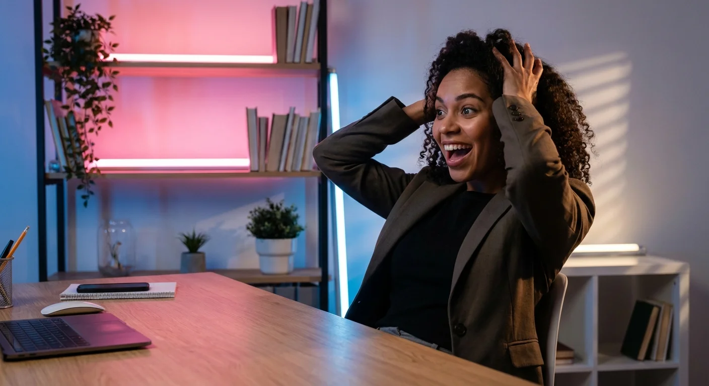 Professional discovering RSS feed URL at desk with pink and blue lighting