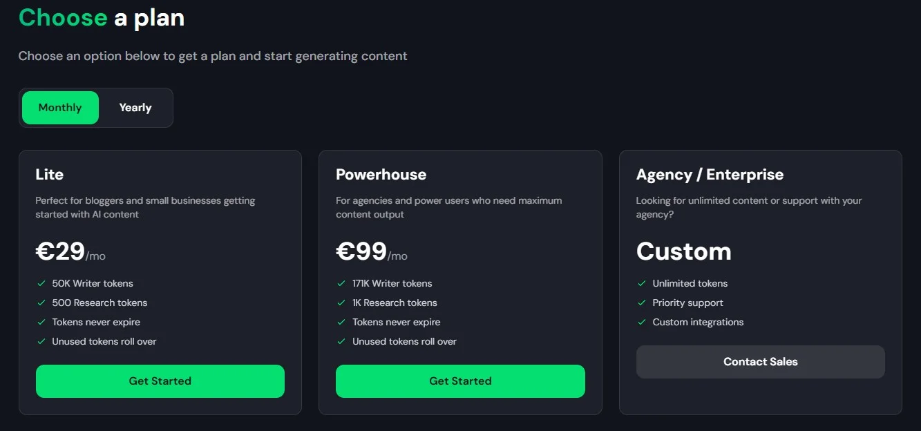 Harbor SEO pricing showing Lite at โฌ29/mo and Powerhouse at โฌ99/mo