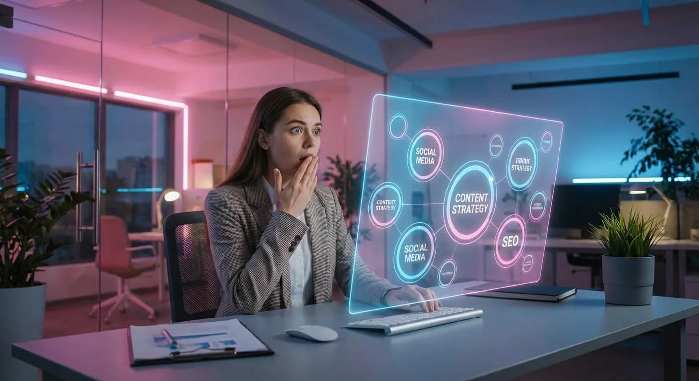 Professional strategizing content topics with holographic mind map visualization