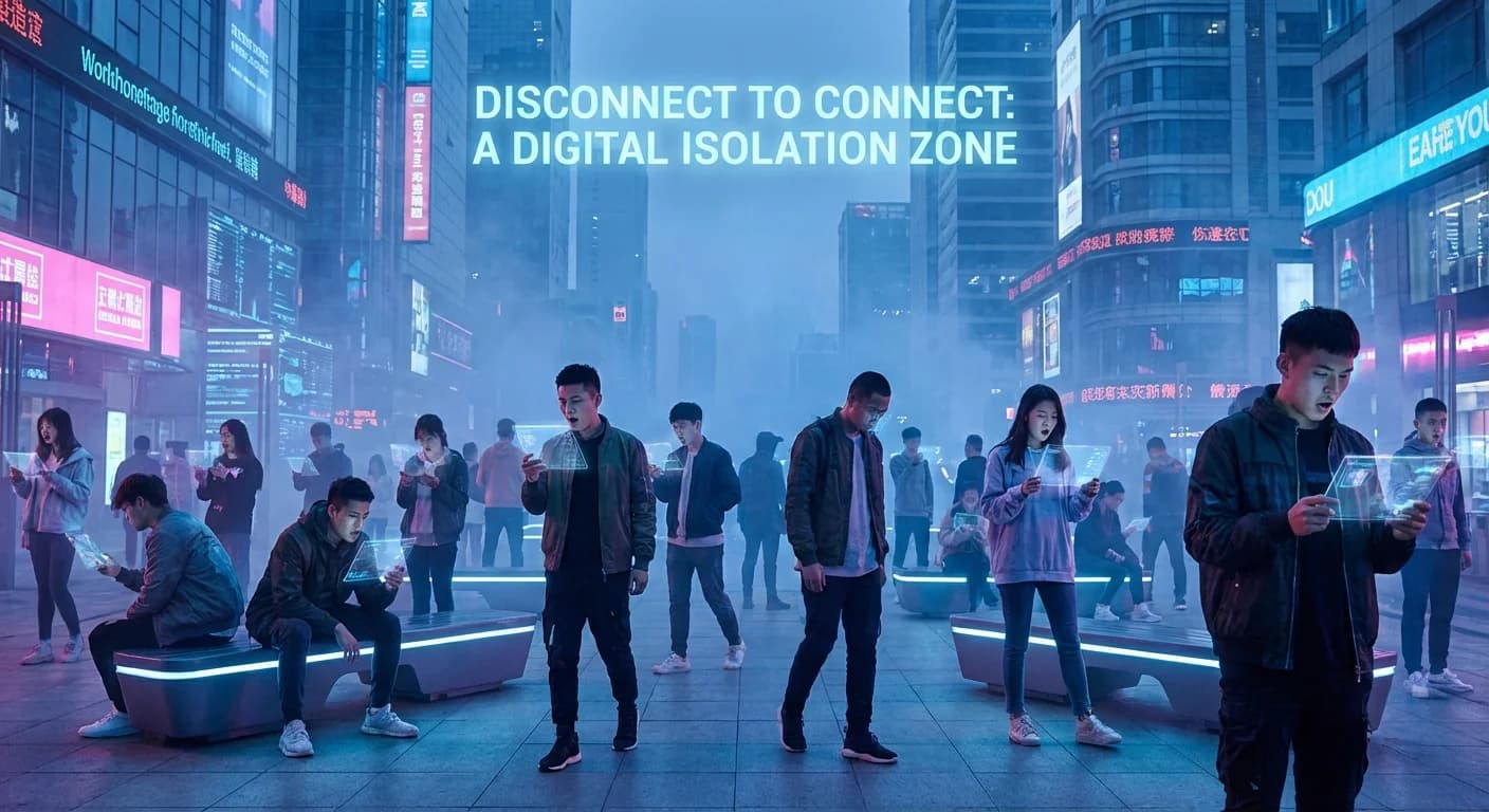 Futuristic scene of people absorbed in screens, ignoring each other