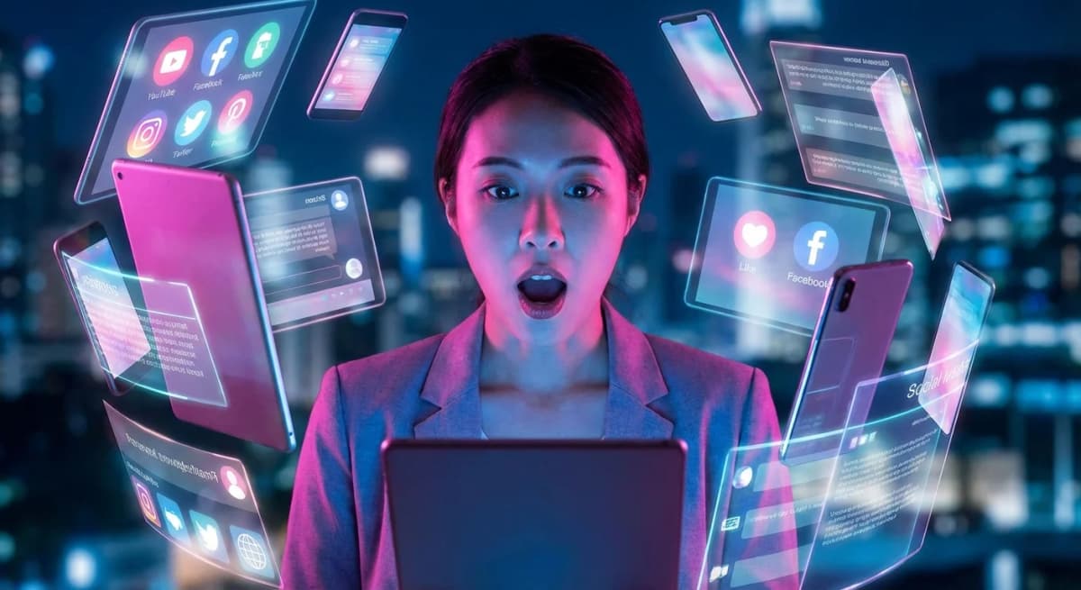 Person overwhelmed by floating screens and social media interfaces in pink and blue lighting
