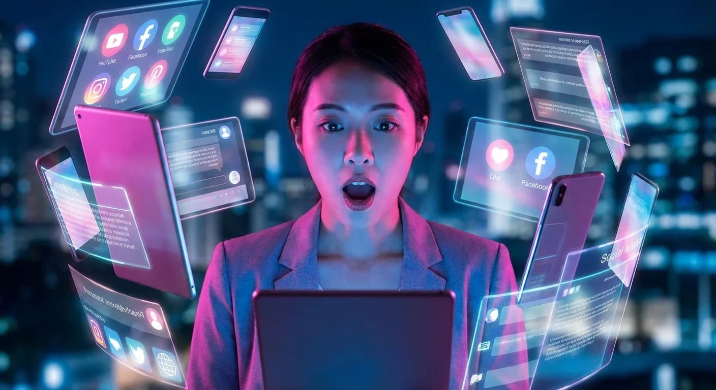 Person overwhelmed by floating screens and social media interfaces in pink and blue lighting