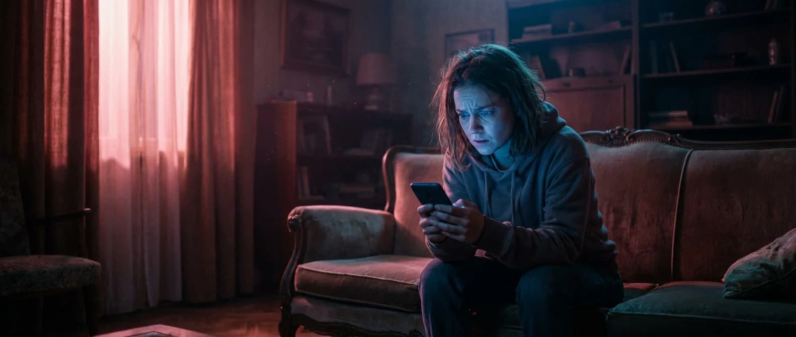 Person sitting alone in dark room illuminated by blue phone light