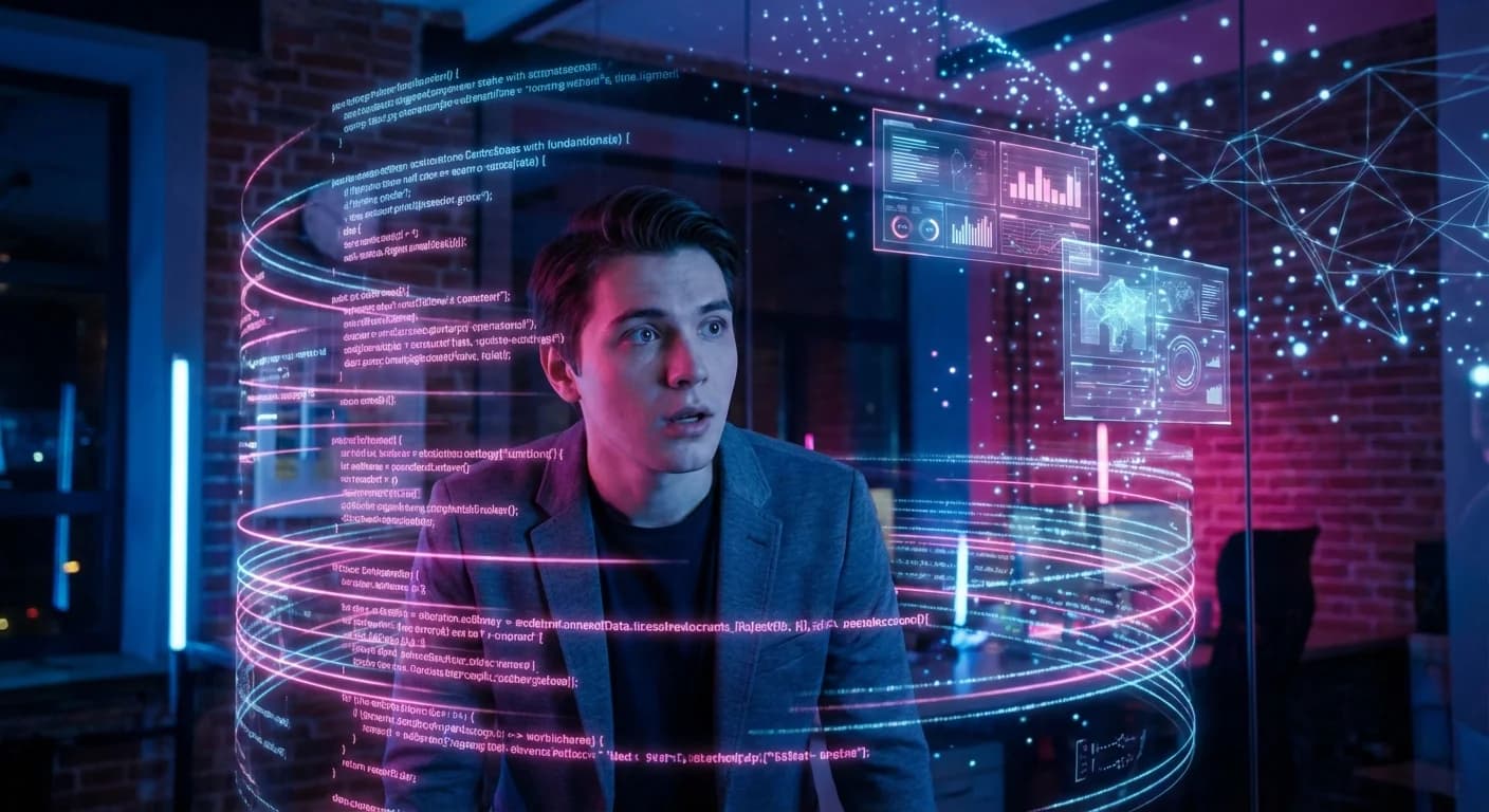 Entrepreneur amazed by AI code swirling around them representing AI democratizing software development