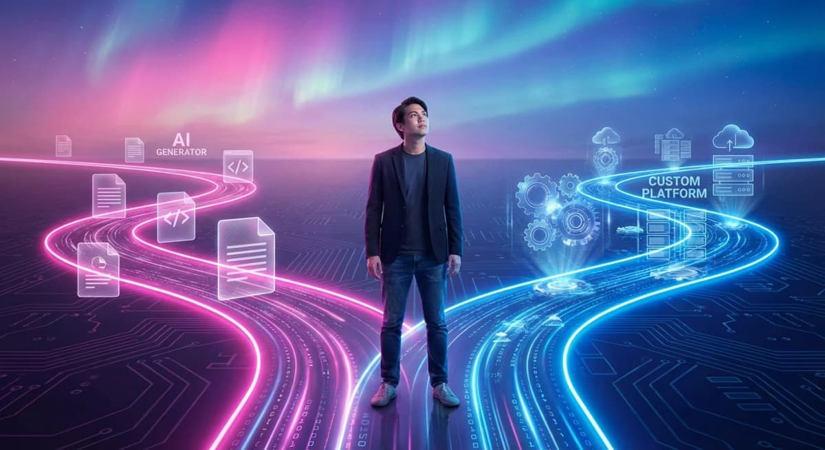 Entrepreneur at crossroads between template economy and custom software paths