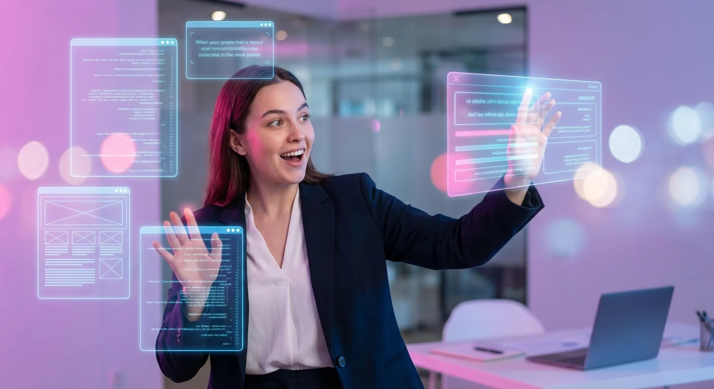 Professional excited about floating holographic template screens representing the template economy