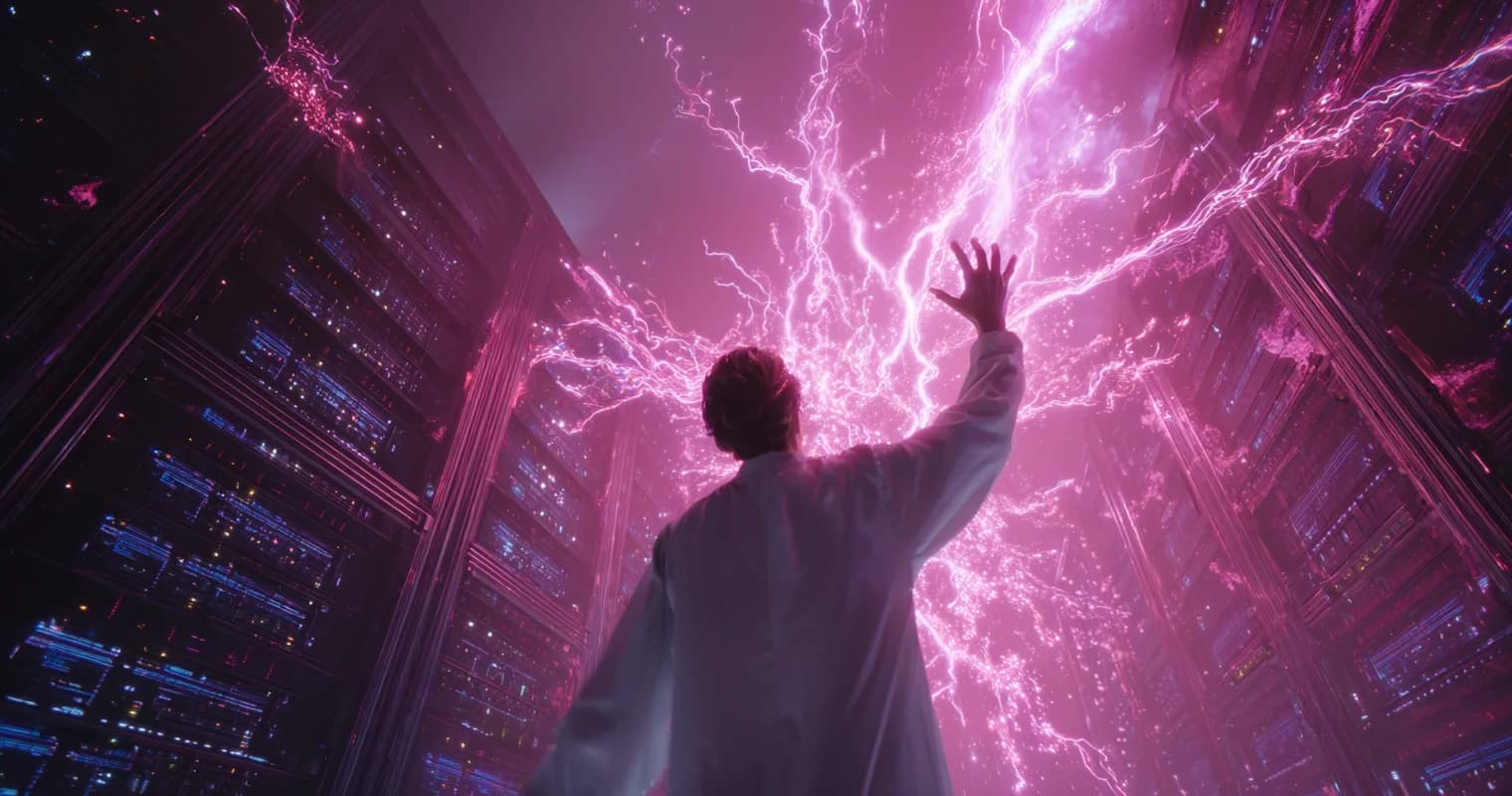 Surprised man with electricity in server room representing GPU power