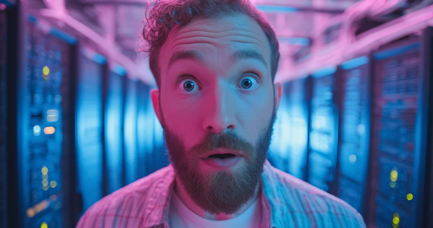 Surprised man with electricity in server room representing GPU power