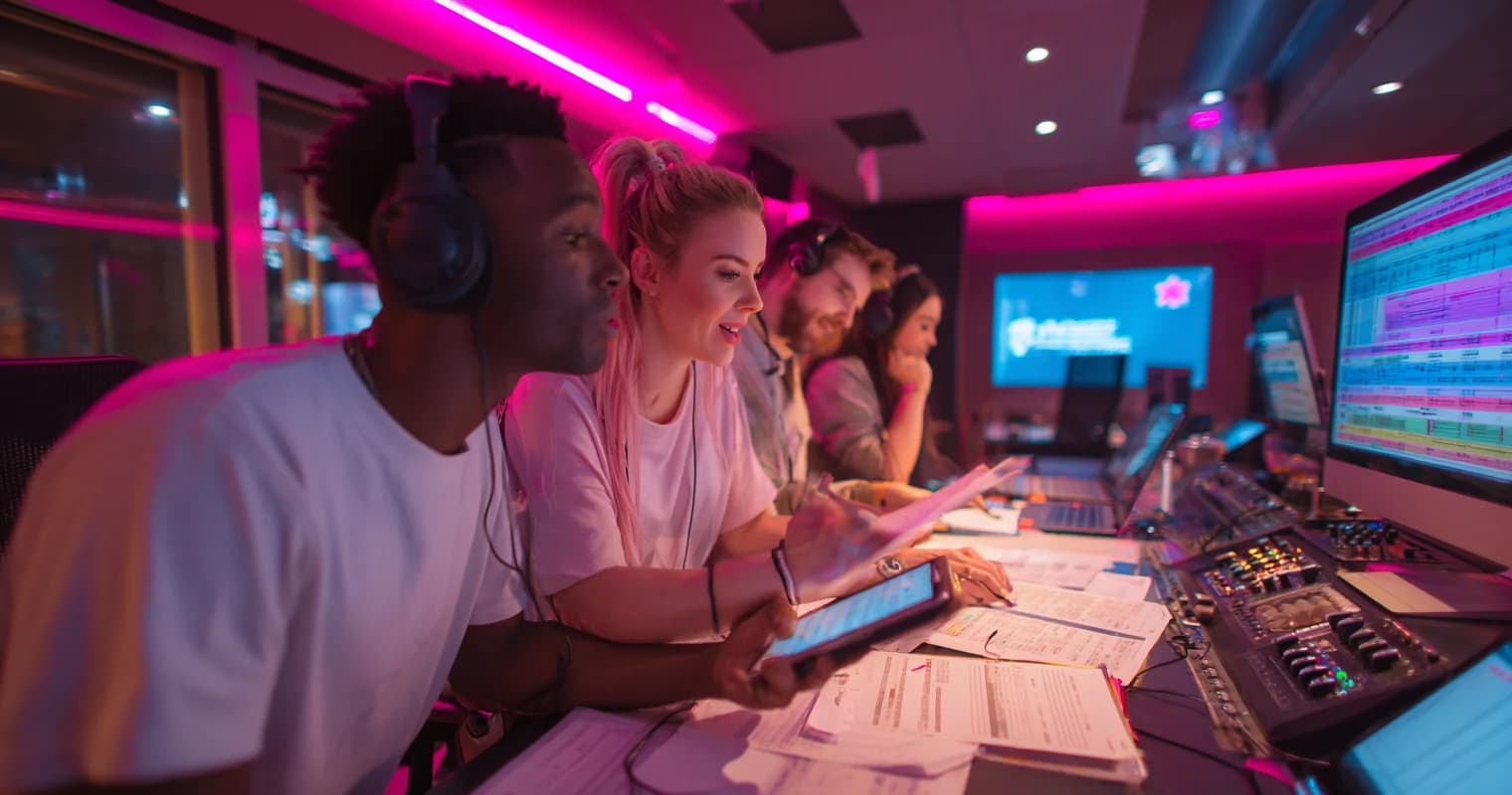 Creative professionals working in a studio on custom music production