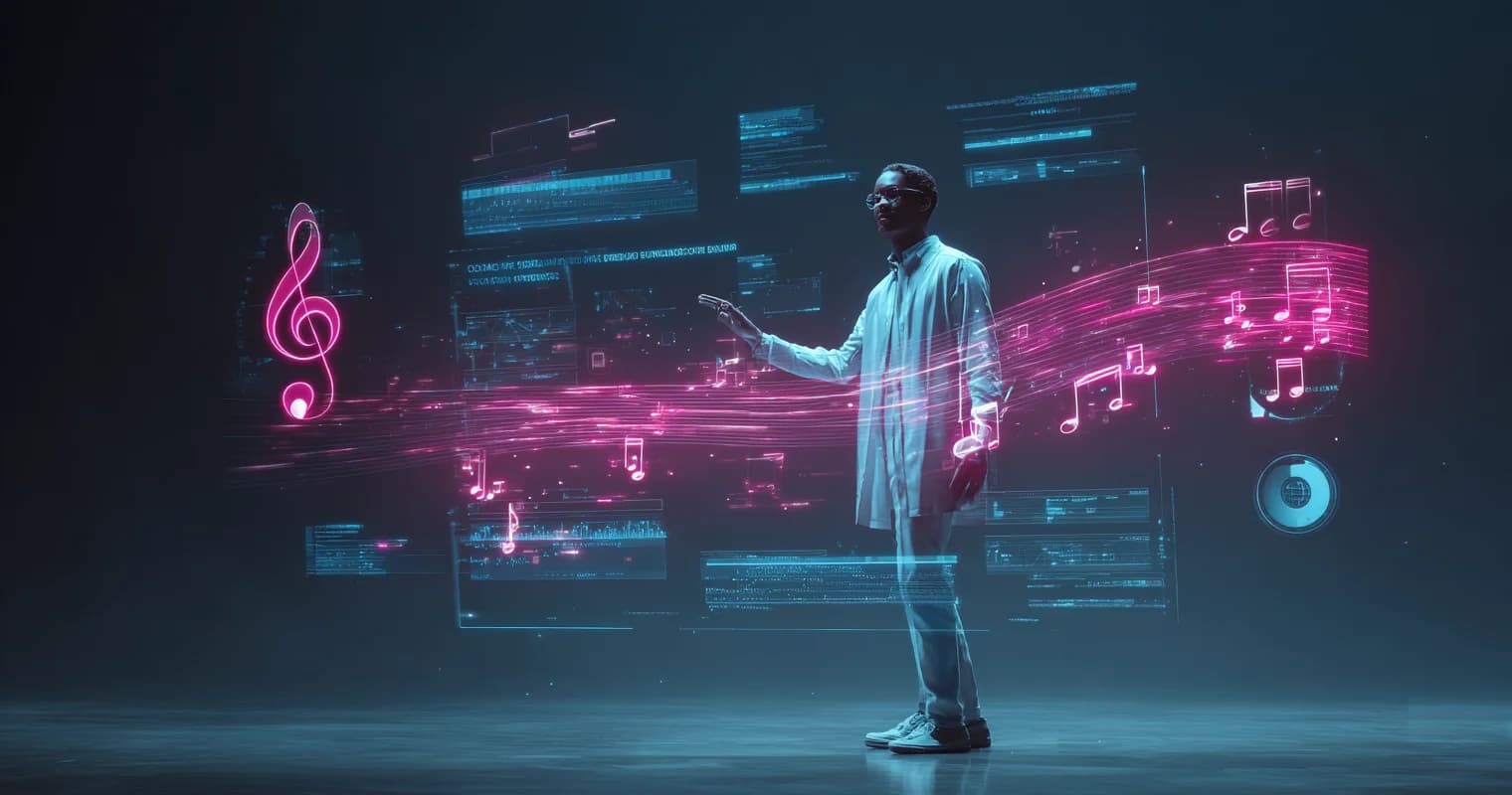 Surprised musician discovering AI limitations in music production