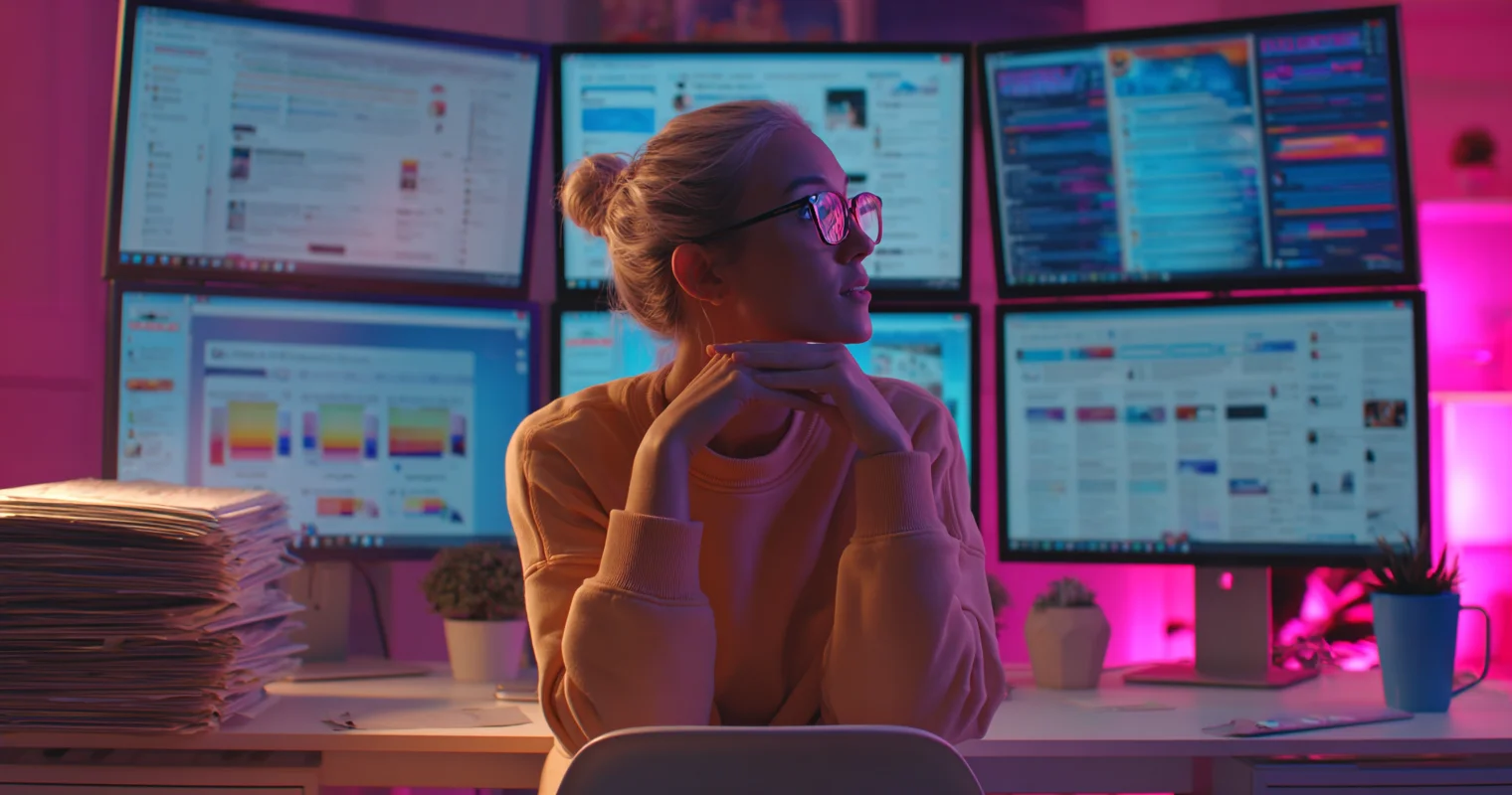 Marketing professional analyzing SEO data on multiple monitors