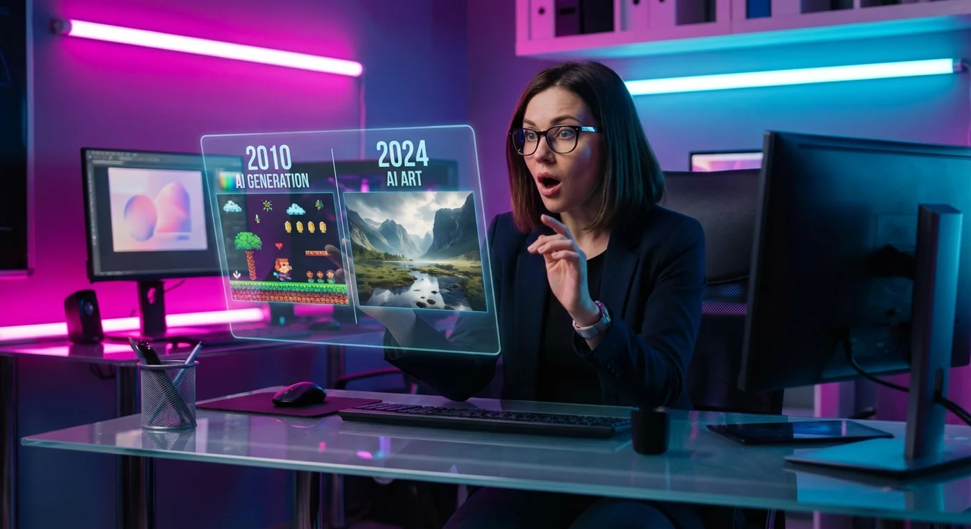 Before and after comparison showing AI image generation evolution from 2010 pixelated graphics to 2024 photorealistic art