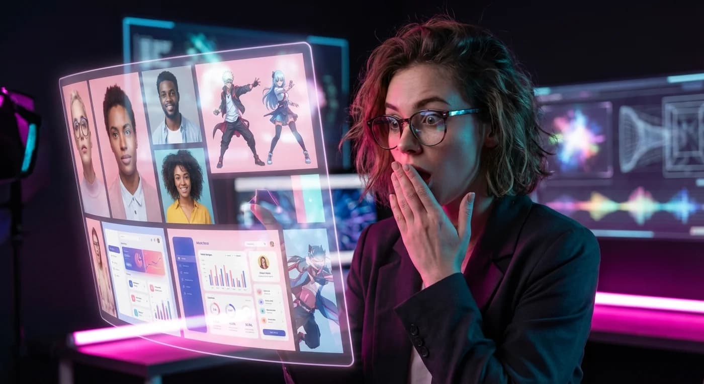 AI-generated display showing multiple consistent character generations including realistic faces and anime characters