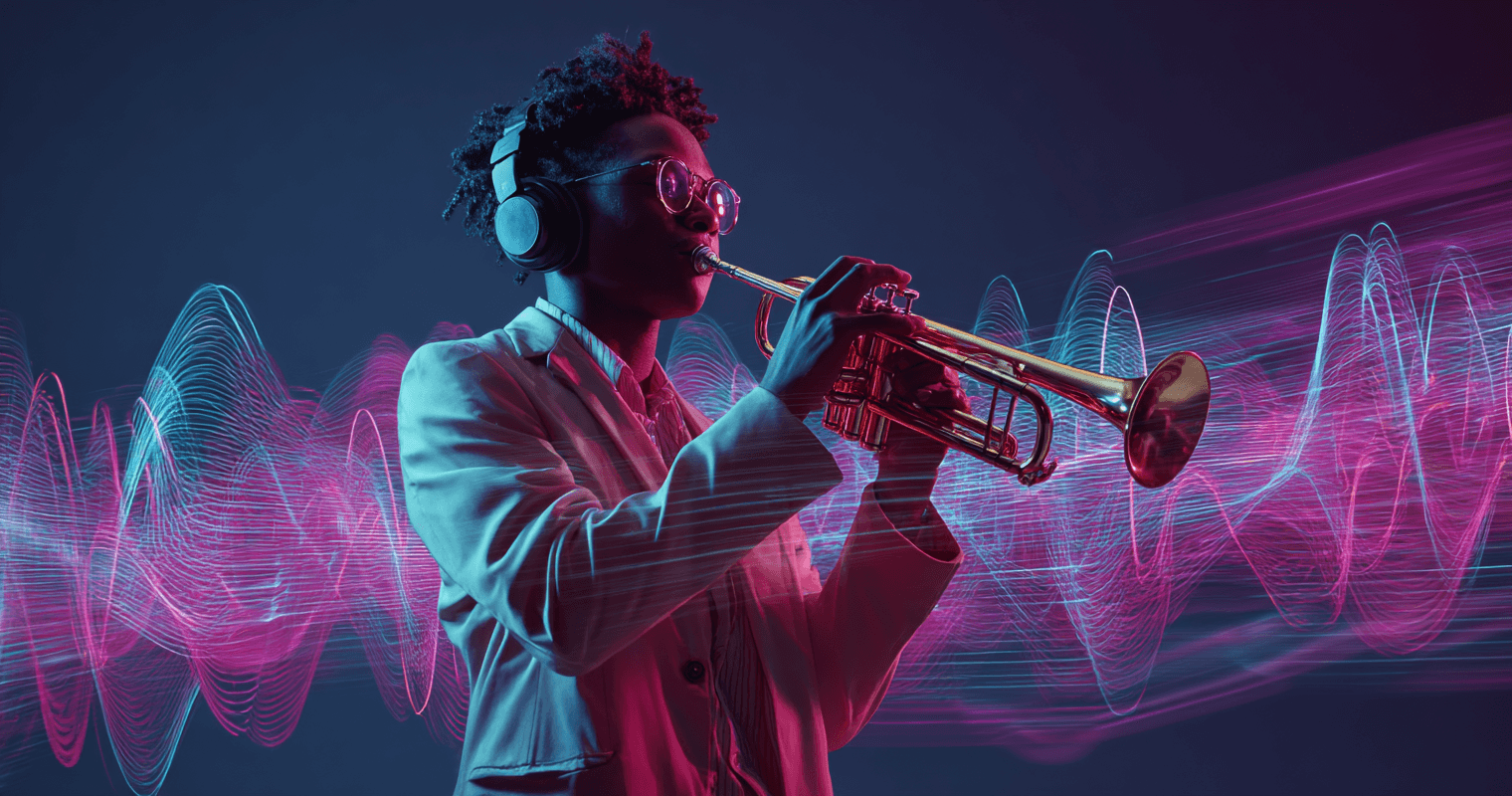 Surprised musician holding trumpet - hero image for AI speech overdubs article