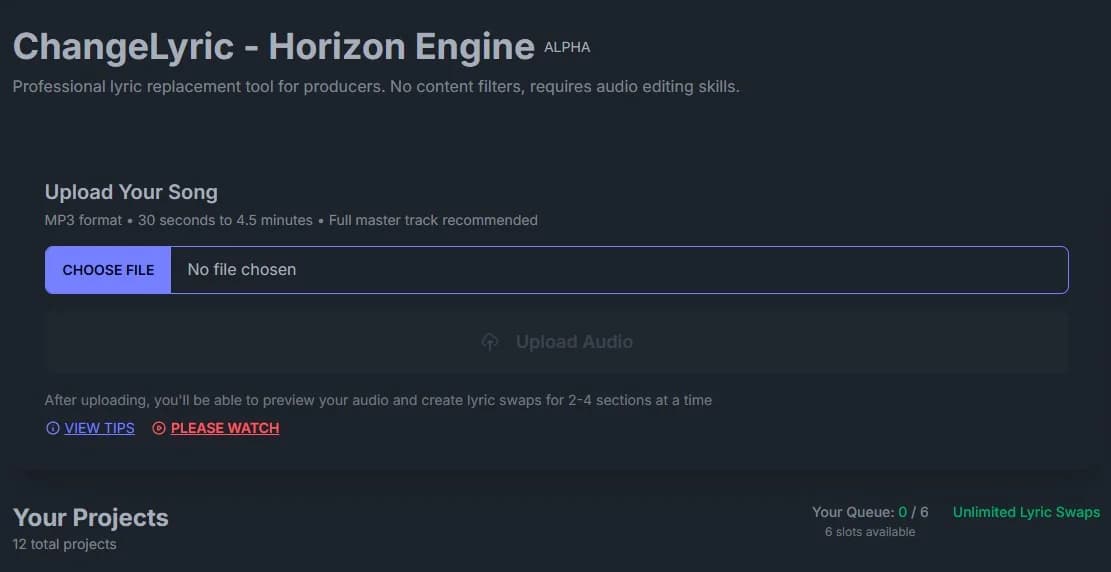 ChangeLyric V2 Horizon tool interface showing the lyric editing dashboard
