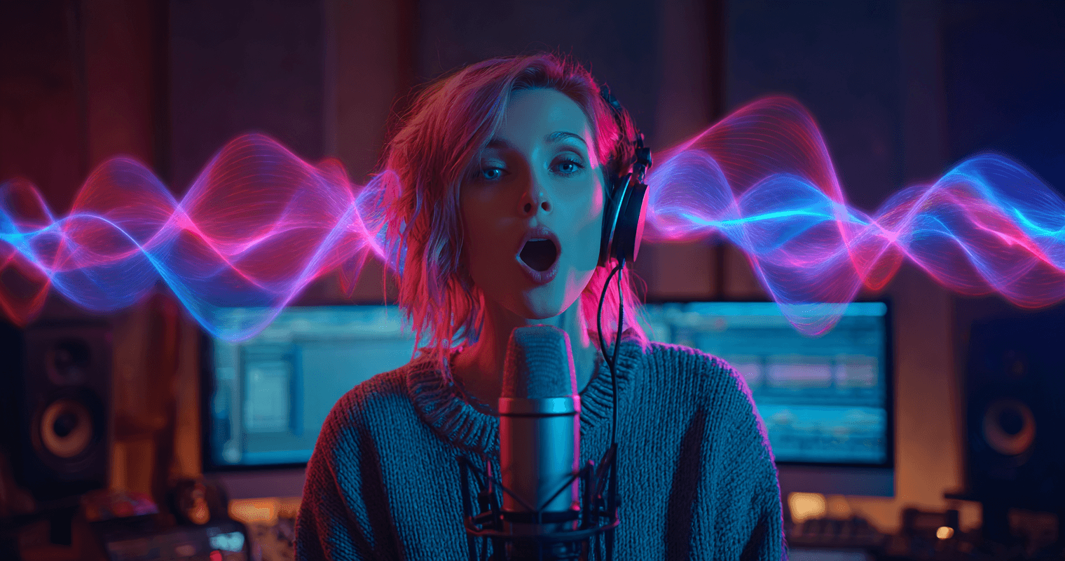 Woman speaking into microphone in professional studio setup