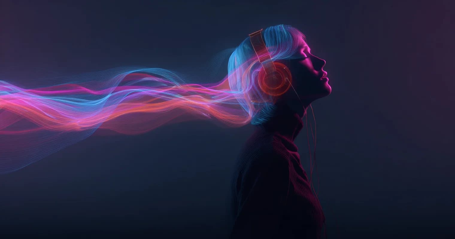 Woman wearing headphones testing audio production results